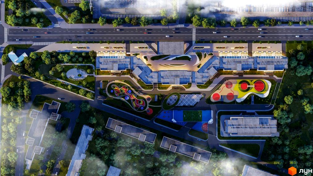 Зображення зверху на Житловий район POLARIS Home&Plaza. На території є дитячий майданчик, спортивне поле та зелені зони.