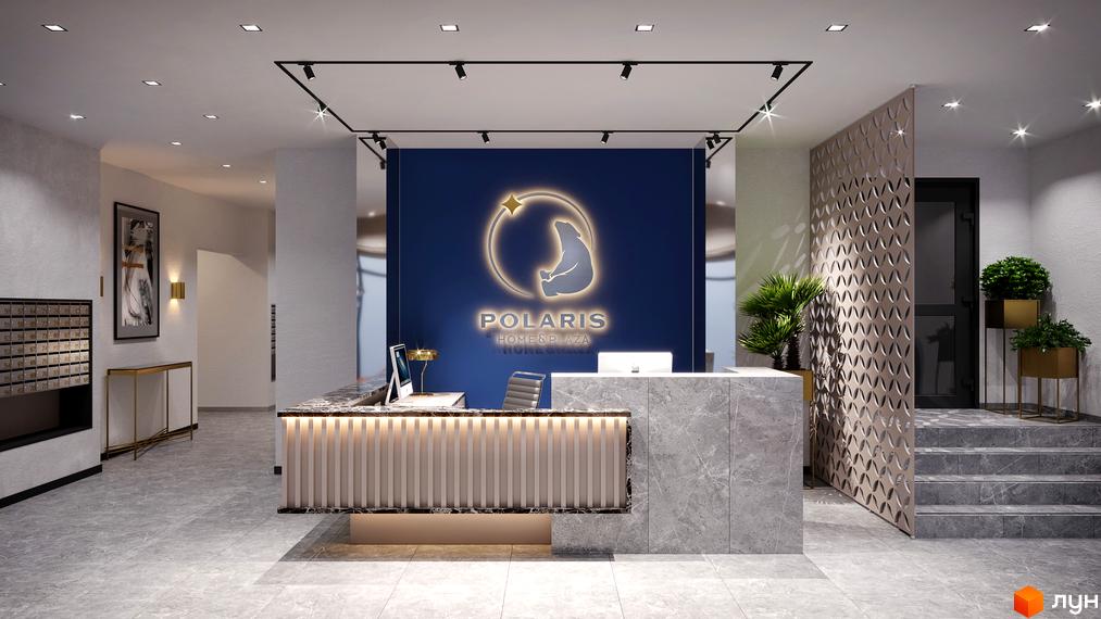 Рецепція в POLARIS Home&Plaza. Інтер'єр з логотипом комплексу та зоною очікування, що створює комфортний простір для мешканців.