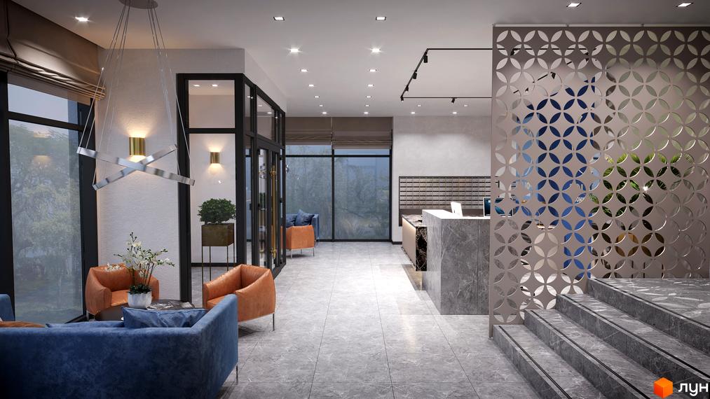 Інтер'єр холу Житлового комплексу POLARIS Home&Plaza з диваном та кріслами. Вигляд на ресепшн та сходи з декоративною перегородкою.