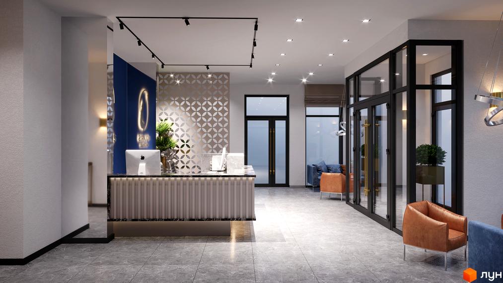Інтер'єр холу в Будівельному проєкті POLARIS Home&Plaza з зоною ресепшн та місцями для очікування.