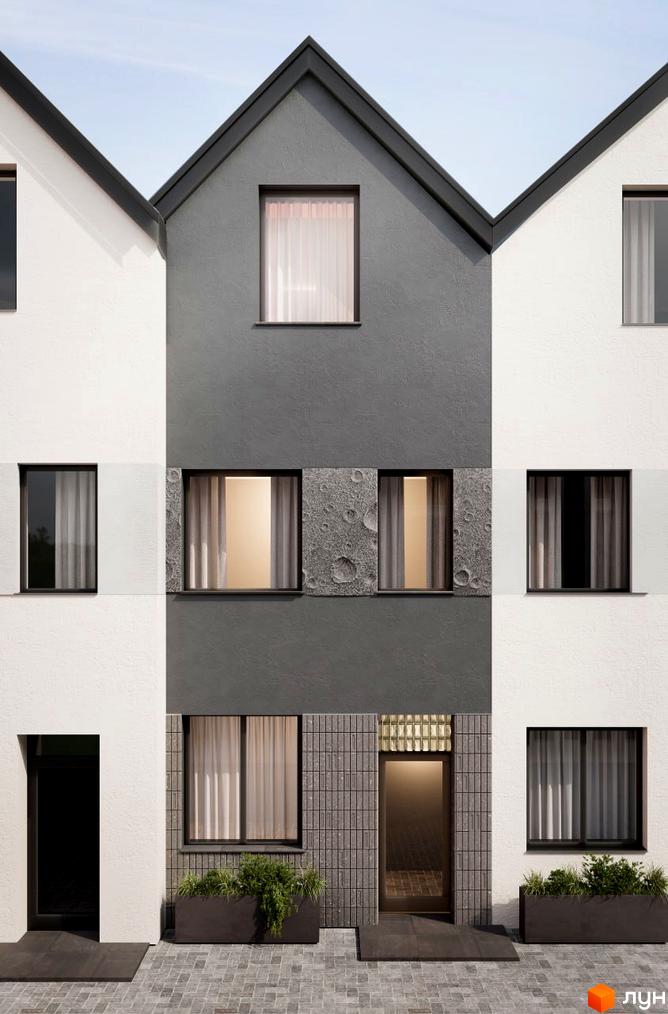 Фасад будинку житлового комплексу КМ KADENIUK homes з вікнами та дверима, на тлі якого видно частину прибудинкової території з рослинами та бруківкою.