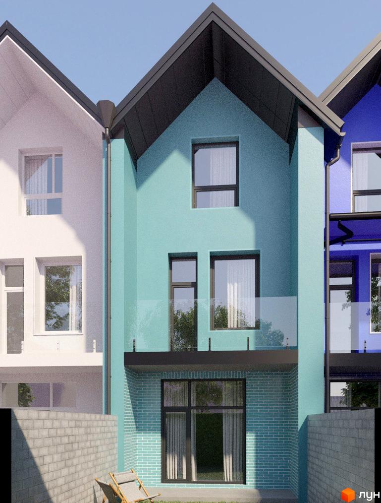 Зовнішній вигляд будинку КМ KADENIUK homes з блакитним фасадом та вікнами. Прибудинкова територія з цегляною стіною та лежаками.