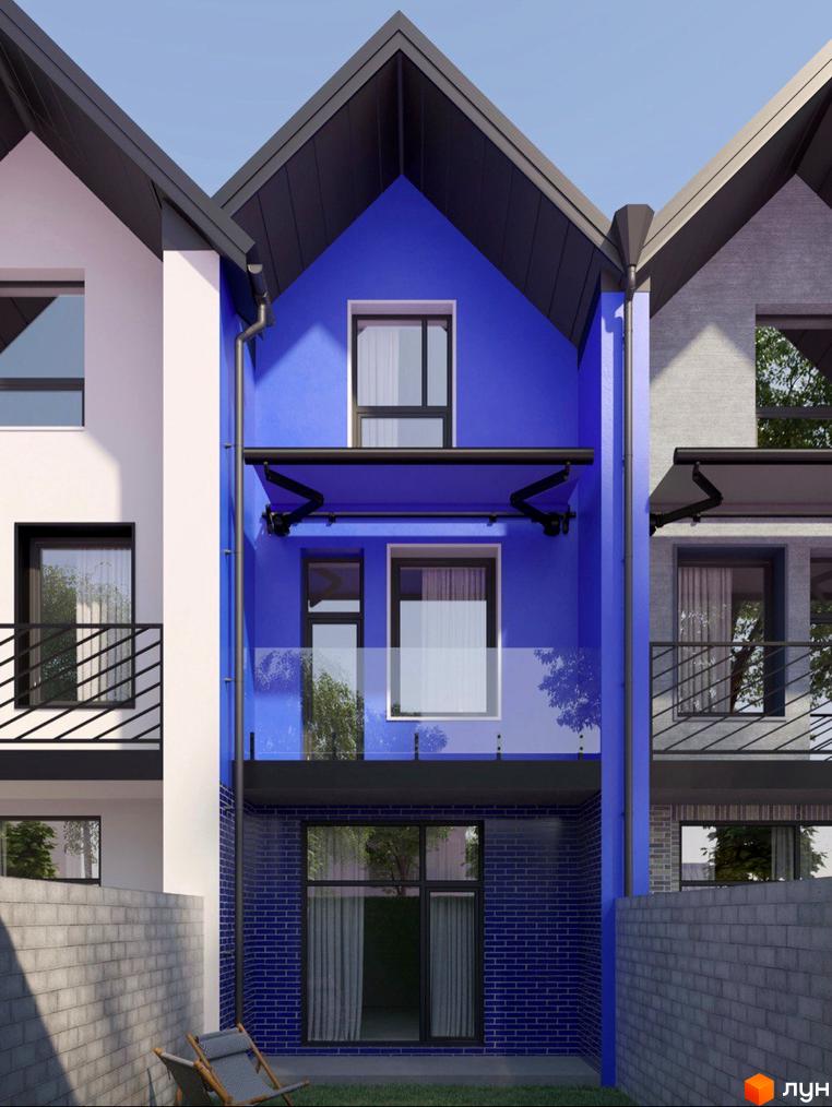 Зовнішній вигляд будинку КМ КАDЕНЮК homes з яскравим синім фасадом та сірою цегляною стіною. Прибудинкова територія з газоном та шезлонгами.