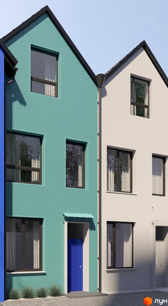 Котеджне містечко КАDЕНЮК homes: фасади будинків бірюзового та кремового кольору з темними вікнами та дверима, перед будинками зелені насадження.