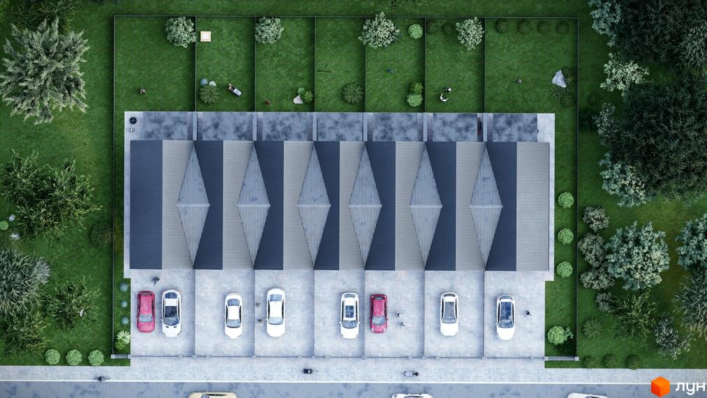 Таунхауси Seventh Heaven з сірими дахами та прибудинковою територією з газоном та деревами. На території є автомобілі та люди.