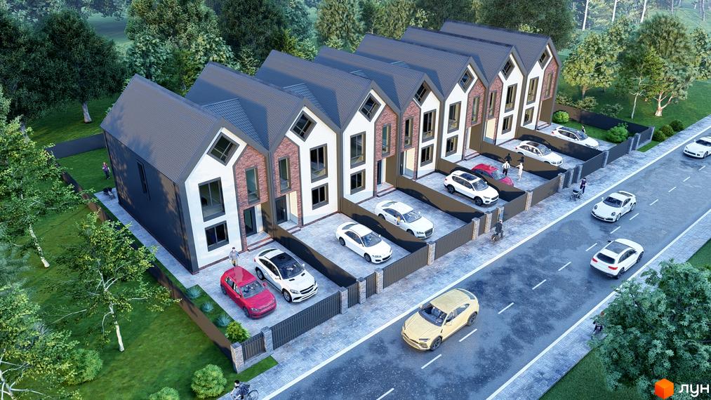 Таунхауси Seventh Heaven – це сучасні будинки з цегляними фасадами та великими вікнами, розташовані біля дороги з прибудинковою територією та паркуванням.