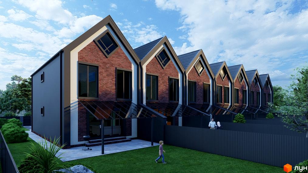 Таунхауси Seventh Heaven з цегляним фасадом та темним дахом, розташовані на доглянутій прибудинковій території з газоном та парканом.