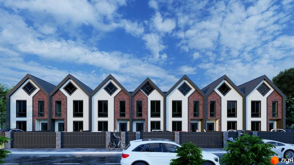 Таунхауси Seventh Heaven з цегляним та білим фасадом, великими вікнами та темним дахом. Перед будинками паркан та дорога з автомобілями.