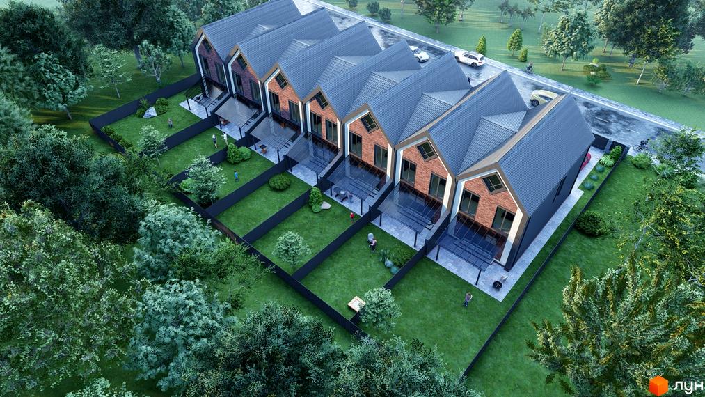 Таунхауси Seventh Heaven з цегляним фасадом та сірим дахом, розташовані на доглянутій зеленій ділянці з деревами.