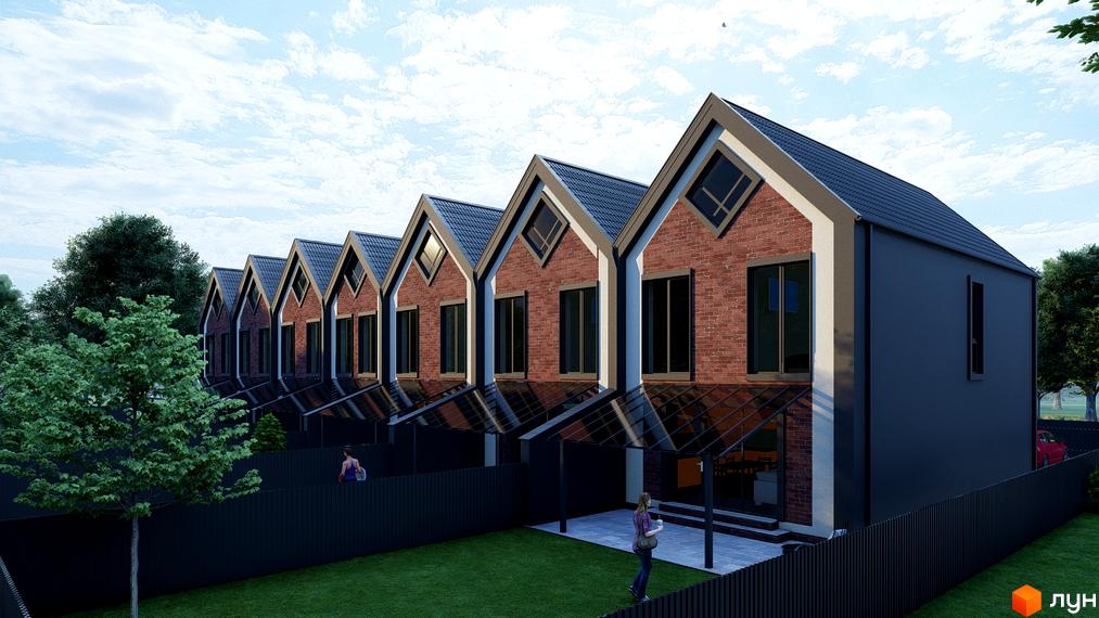 Таунхауси Seventh Heaven з червоної цегли та темним фасадом, з скляними навісами та зеленим газоном перед будинками.