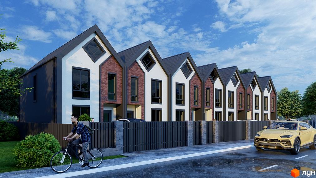 Таунхауси Seventh Heaven - це двоповерхові будинки з цегляним фасадом та білими вставками, розташовані вздовж паркану з деревами на задньому плані.