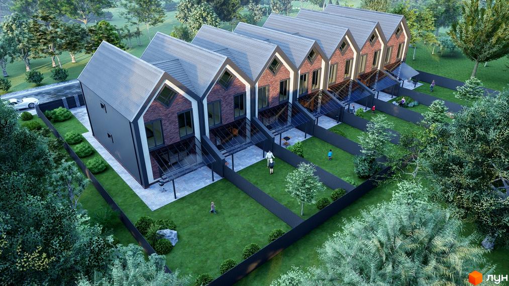 Таунхауси Seventh Heaven – це сучасні будинки з цегляним фасадом та скляними терасами, розташовані на доглянутій зеленій території з деревами та огороженим заднім двором.