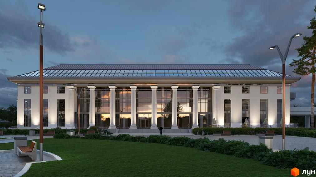 Житловий комплекс Park Residence. Фасад будівлі з колонами та скляним дахом, освітлена прибудинкова територія з газоном та лавками.