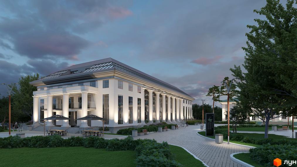 Житловий комплекс Park Residence з колонадою та скляним дахом, оточений зеленим парком з доріжками та вуличним освітленням.