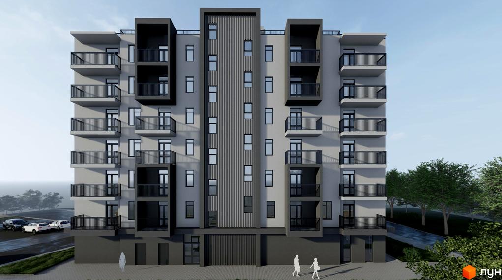 Зображення фасаду багатоповерхового будинку ЖК Green Side з балконами та вікнами. На прибудинковій території видно парковку та зелені насадження.