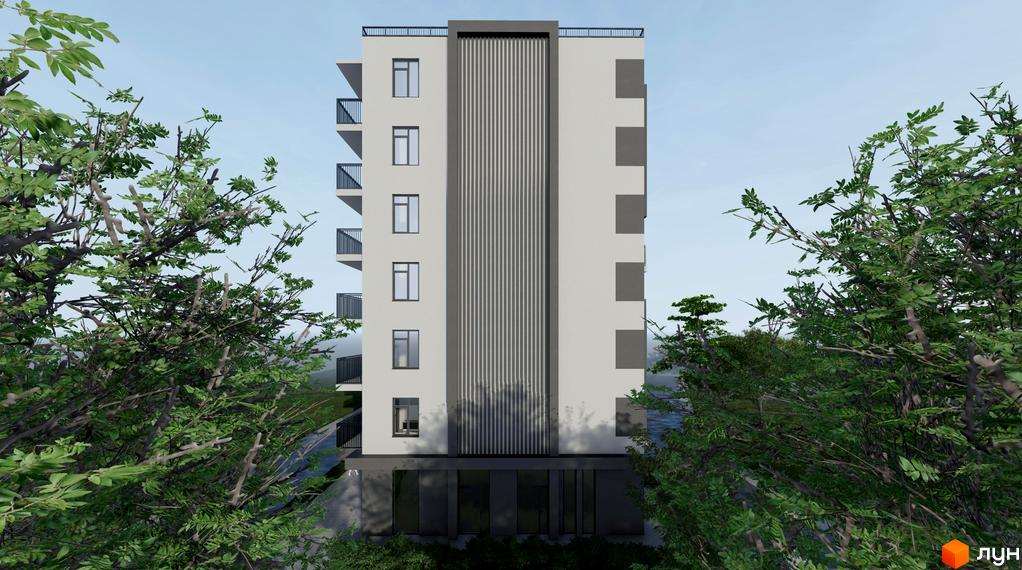Висотна будівля ЖК Green Side з балконами та панорамними вікнами, облицьована світлою плиткою. Навколо будинку зелені дерева.