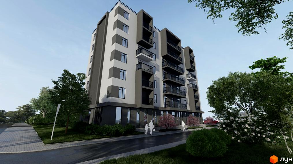 Житловий комплекс Green Side з сіро-білим фасадом та балконами, оточений деревами та пішохідною доріжкою.