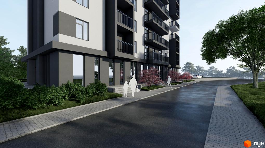 Зовнішній вигляд багатоповерхового будинку ЖК Green Side з балконами та великими вікнами, поруч асфальтована дорога та зелені насадження.