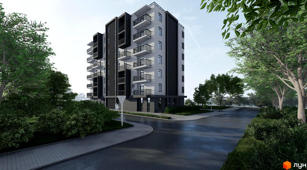 Багатоповерховий будинок ЖК Green Side з балконами та темними вставками на фасаді. Поруч з будинком асфальтована дорога та зелені насадження.