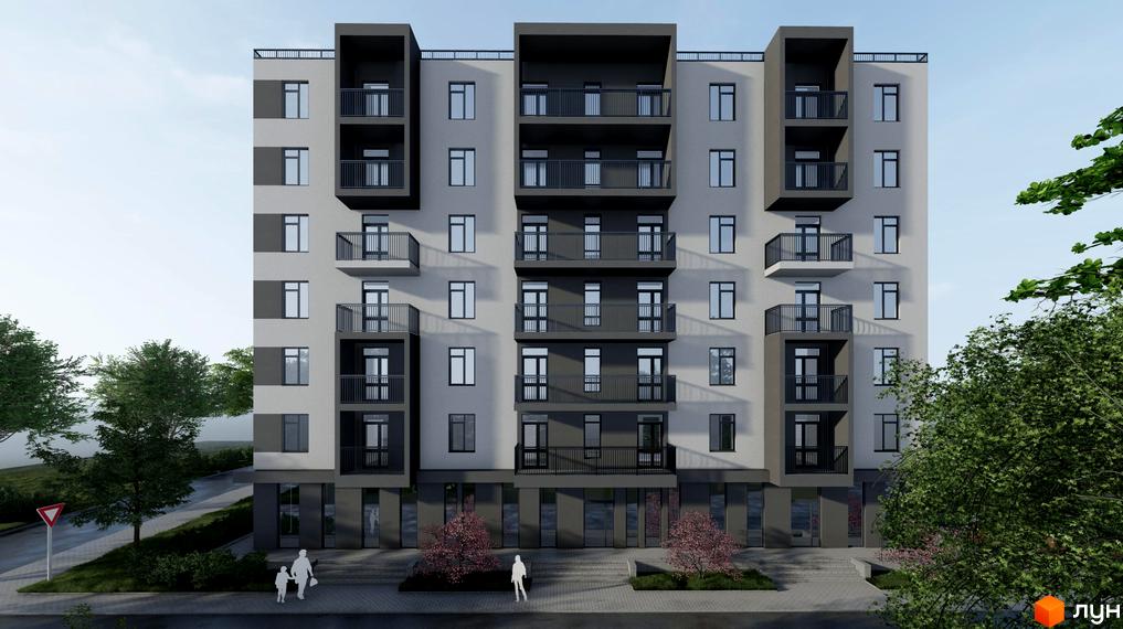 Зображення фасаду будинку ЖК Green Side з балконами та вікнами. На передньому плані люди та дерева.