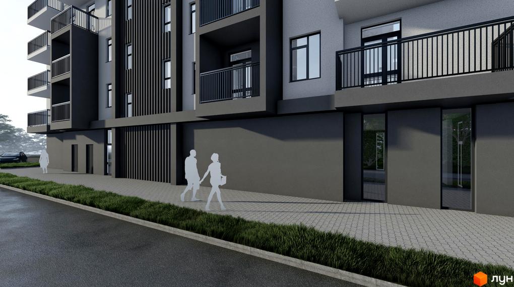 Зовнішній вигляд будинку ЖК Green Side з балконами та скляними дверима. На передньому плані тротуар з травою та дорога.