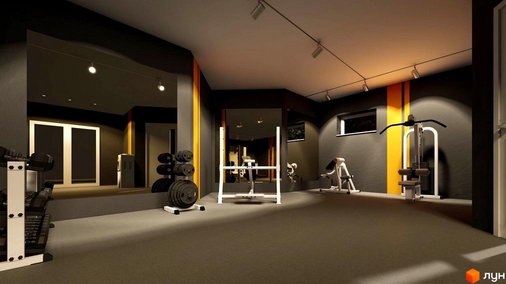 Інтер'єр спортивної зали в клубному будинку „Софія 2“. Просторе приміщення з тренажерами та дзеркалами для комфортних тренувань.