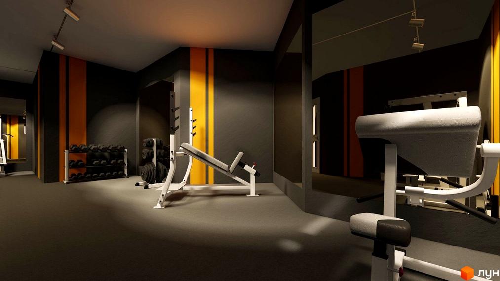 Інтер'єр спортивного залу в клубному будинку „Софія 2“. Просторий зал з тренажерами та дзеркалами, оформлений у темних тонах з яскравими акцентами.