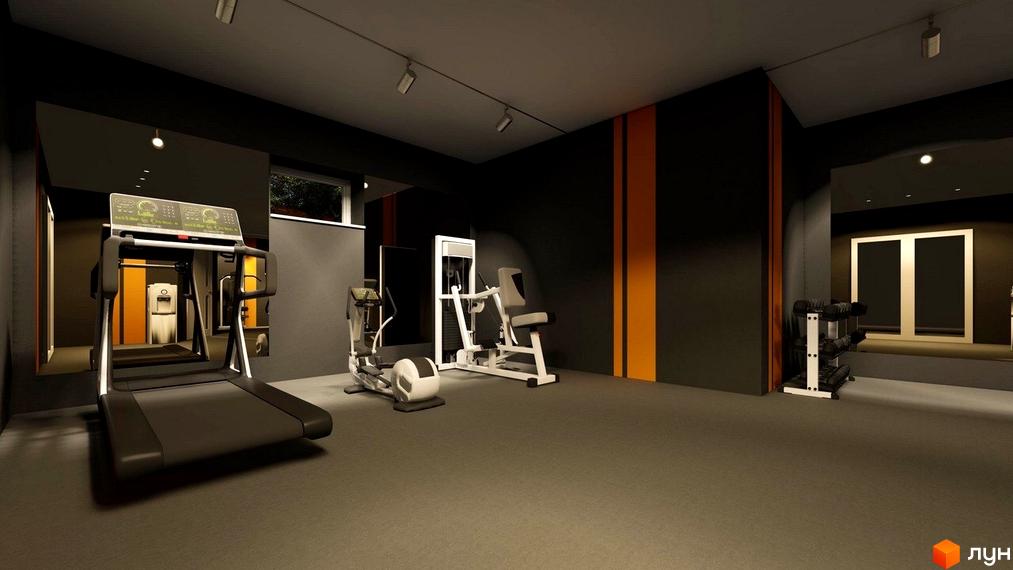 Інтер'єр спортзалу в клубному будинку „Софія 2“. Просторий зал з тренажерами, дзеркалами та яскравим освітленням для комфортних тренувань.