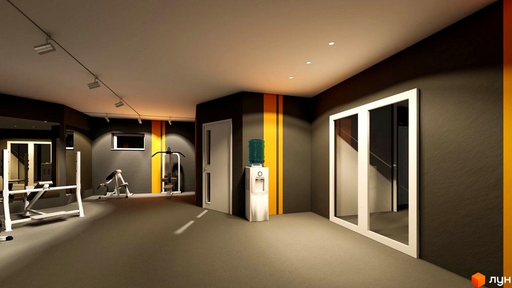 Простора зала для занять спортом в клубному будинку. Стіни сірого кольору з жовтими смугами, тренажери, кулер з водою.