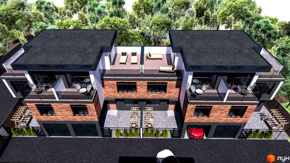 Таунхауси „Перша лінія, 31“ – двоповерхові будинки з цегляним фасадом, балконами та терасами на даху. Прибудинкова територія з зеленими насадженнями та зоною відпочинку.