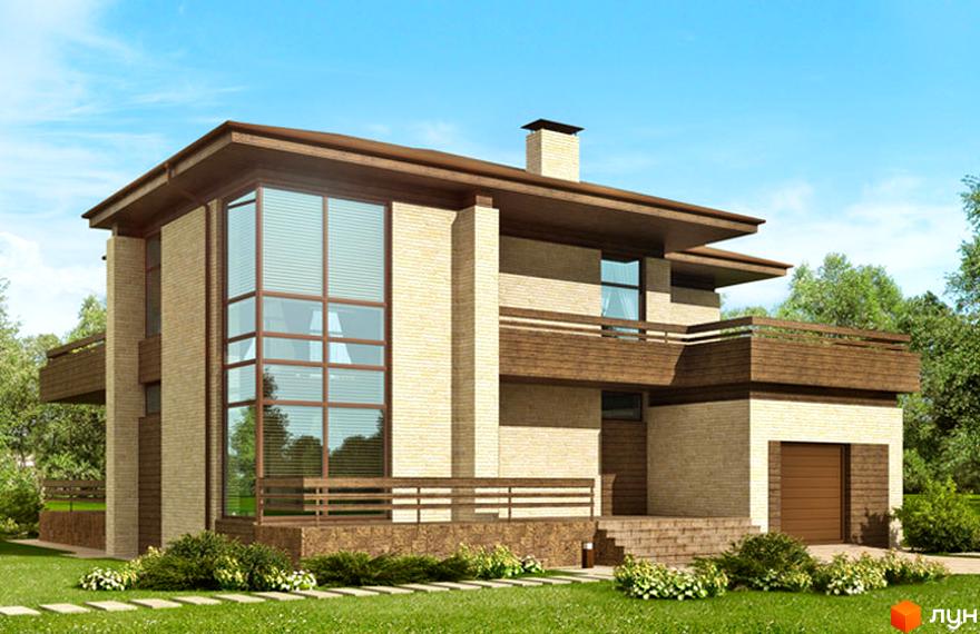 Будинок житлового комплексу КМ Олана з великими вікнами та балконом, оточений зеленими насадженнями та газоном.