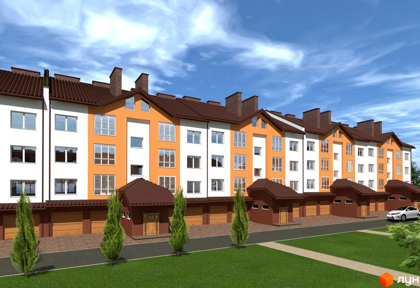 Фасад житлового комплексу на вул. Героїв Крут, 8 з цегляними димарями та гаражними воротами. На прибудинковій території висаджені туї та облаштований газон.