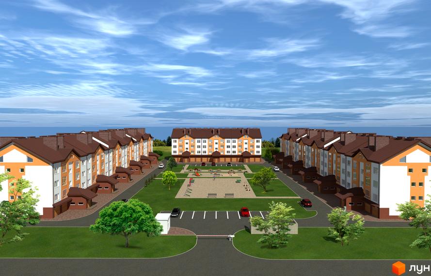 Зовнішній вигляд житлового комплексу на Героїв Крут, 8, з дитячим майданчиком та парковкою.