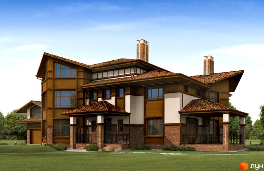 Котеджне містечко Олана. Двоповерховий будинок з коричневим дахом та фасадом з дерева і цегли. На території газон та дерева.