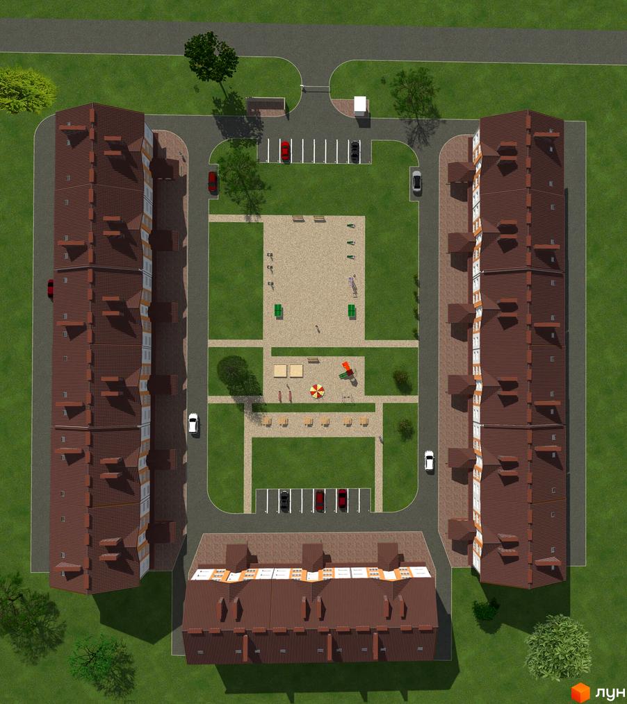 Вид зверху на житловий комплекс на вул. Героїв Крут, 8, з багатоквартирними будинками та дитячим майданчиком.