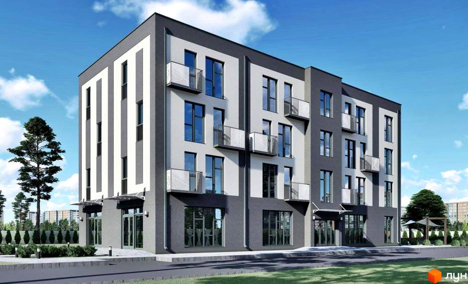 Зовнішній вигляд новобудови ЖК Smart Town з сірими та білими фасадами, балконами та великими вікнами. Прибудинкова територія озеленена деревами та кущами.