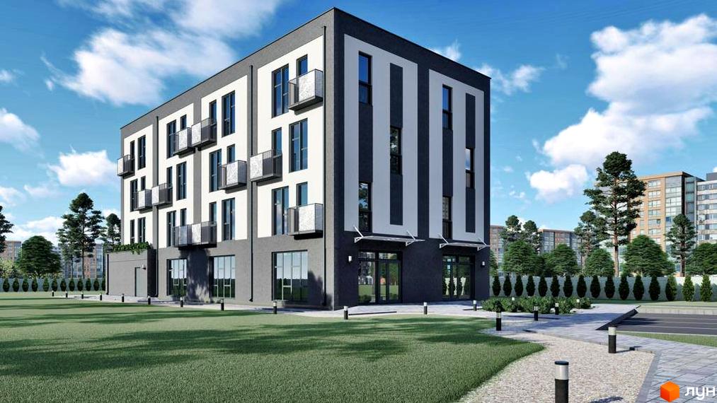 Зовнішній вигляд новобудови ЖК Smart Town з сірими та білими фасадами та балконами, зелена прибудинкова територія з доріжками та освітленням.