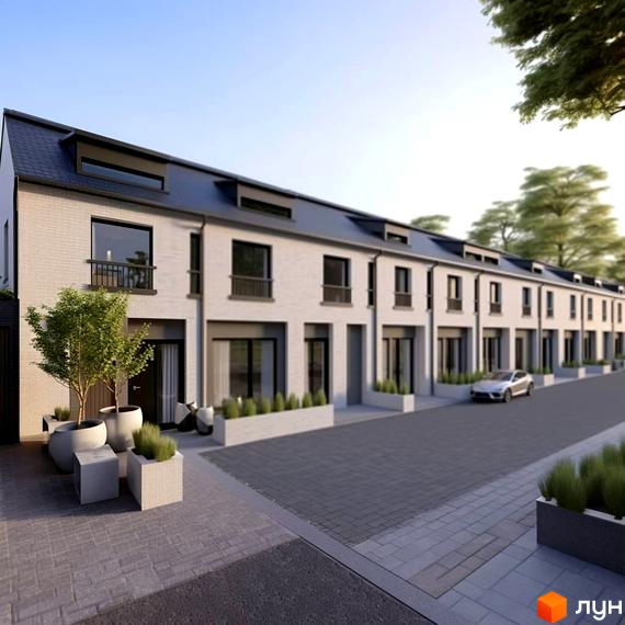 Зовнішній вигляд новобудови New Townhouse з білої цегли з темним дахом та вікнами. Прибудинкова територія з бруківкою та зеленими насадженнями.