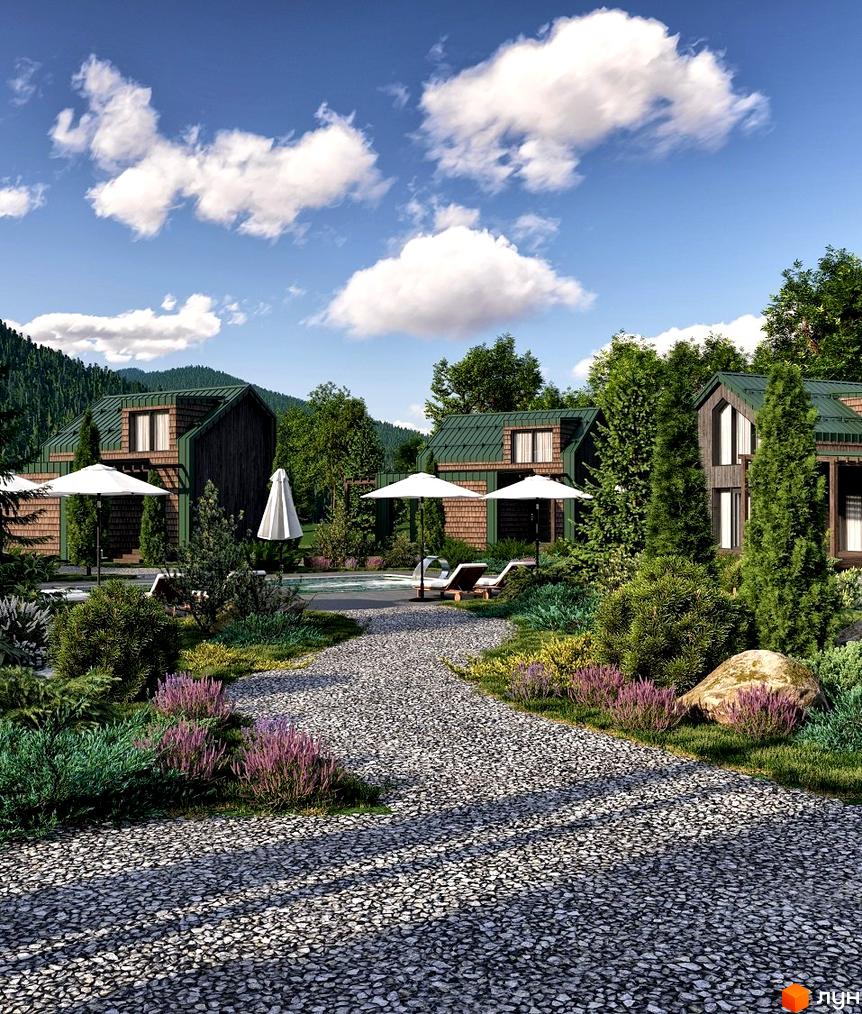 Котеджне містечко TYSHA: дерев'яні будинки з зеленими дахами та затишна прибудинкова територія з басейном та парасолями.