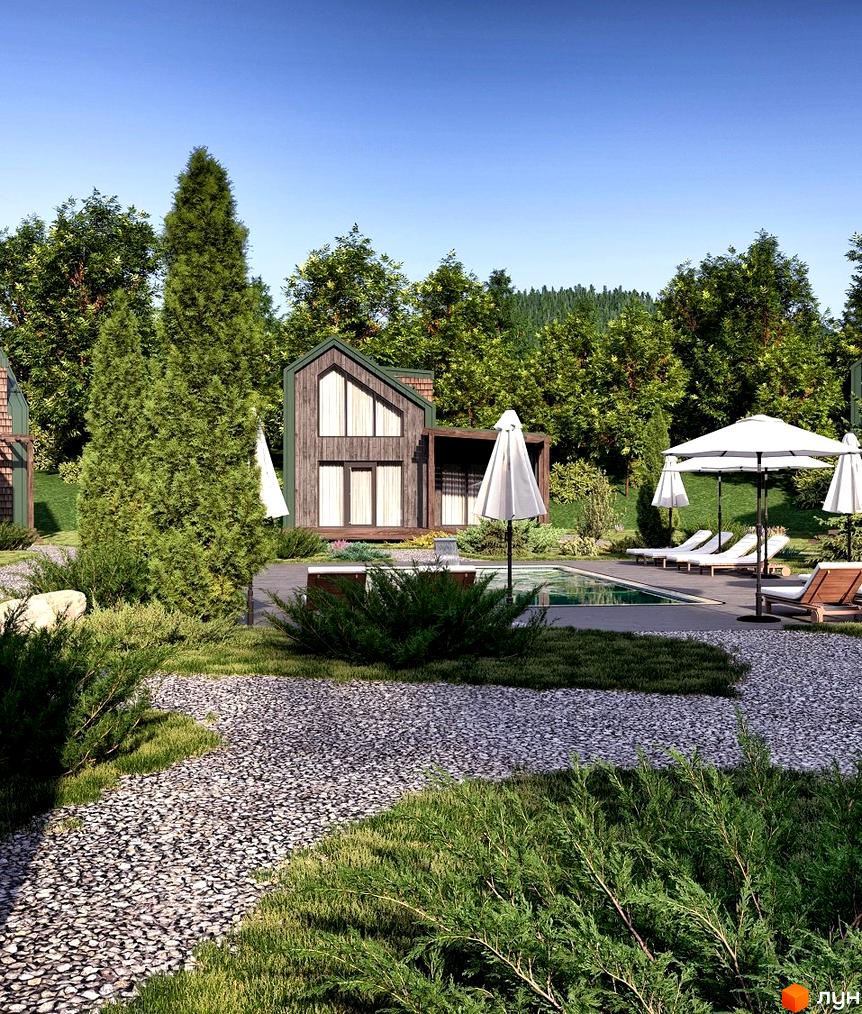 Котеджне містечко TYSHA з дерев'яними фасадами та великими вікнами, оточене зеленню, з басейном та зоною відпочинку.