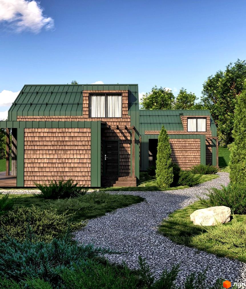 Котеджне містечко TYSHA: двоповерховий будинок з зеленим дахом та дерев'яною обшивкою, оточений доглянутим ландшафтом з кам'яною доріжкою та кущами.