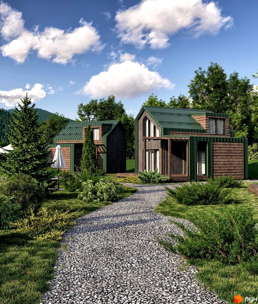 Котеджне містечко TYSHA: дерев'яні будинки з зеленим дахом та кам'яною доріжкою серед зелені. Затишна територія з деревами та кущами.