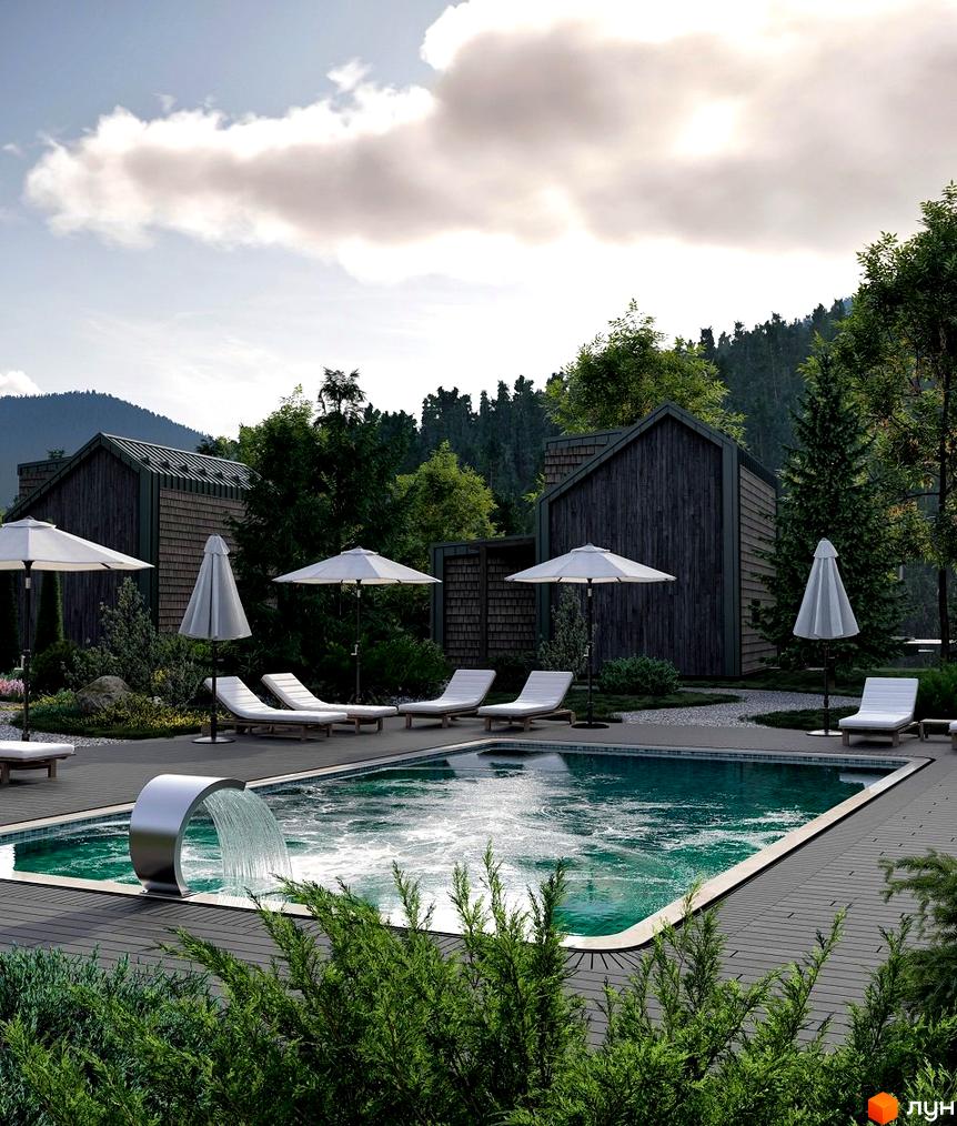 Котеджне містечко TYSHA: двоповерхові будинки з темними фасадами та великими вікнами, поруч з басейном з водоспадом та шезлонгами.