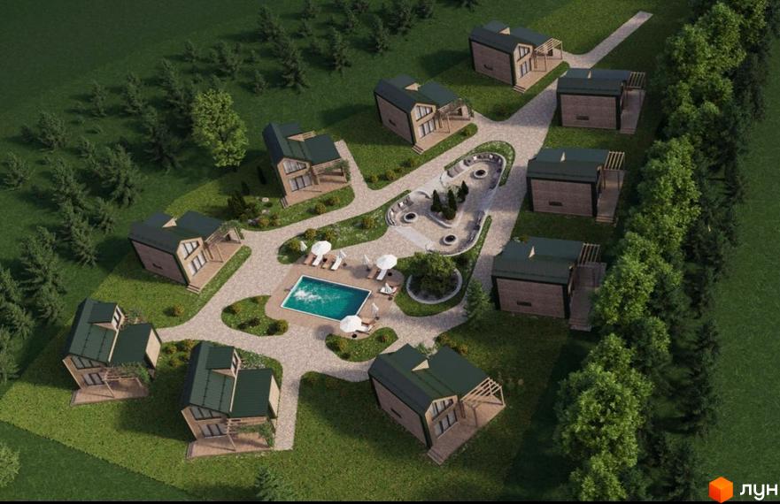 Котеджне містечко КМ TYSHA з сучасними будинками та зоною відпочинку біля басейну. Забудова оточена зеленими насадженнями та має зручні доріжки.