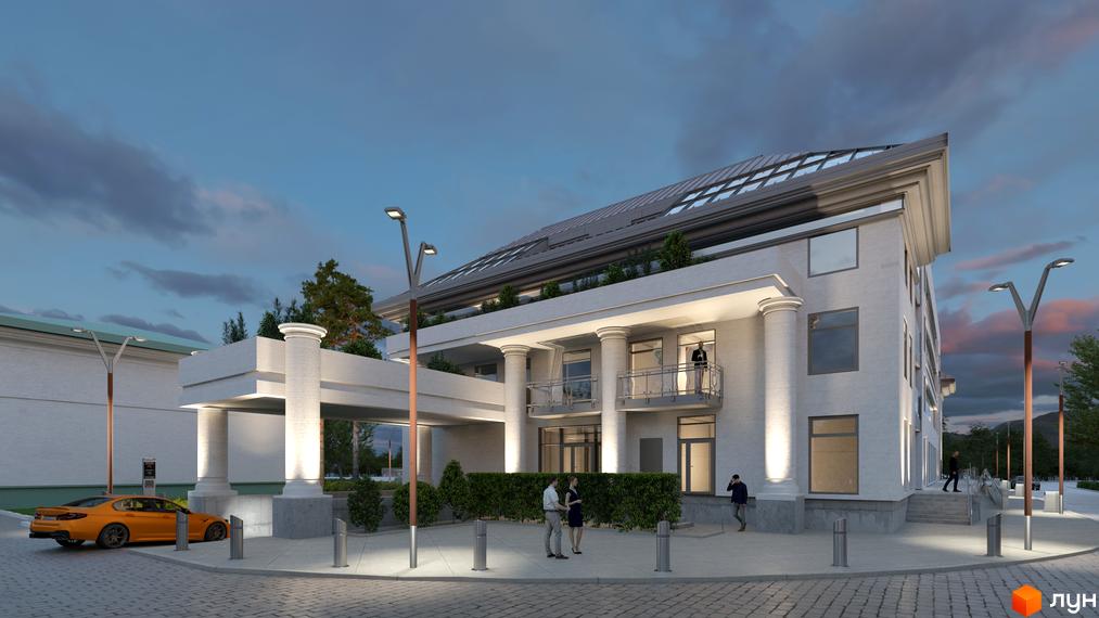 Новобудова Park Residence з колонами та балконами, поруч розташована оранжева автівка та освітлення.