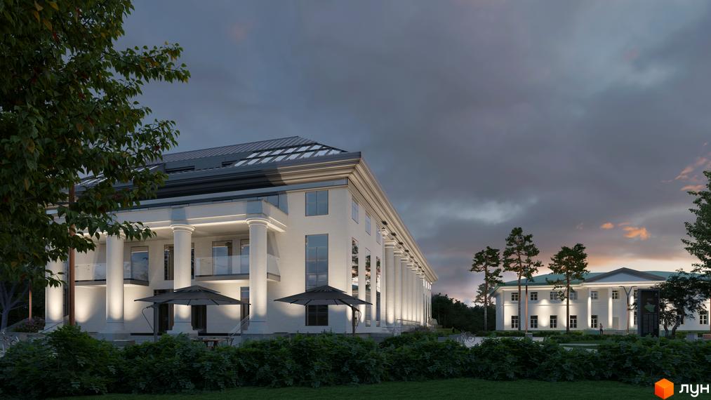 Житловий комплекс Park Residence з колонами та терасою, оточений зеленню та деревами. Зовнішній вигляд будівлі з підсвічуванням.