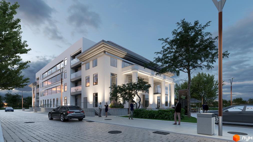 Житловий комплекс Park Residence з білими колонами та скляними балконами, розташований на вулиці з бруківкою та деревами.