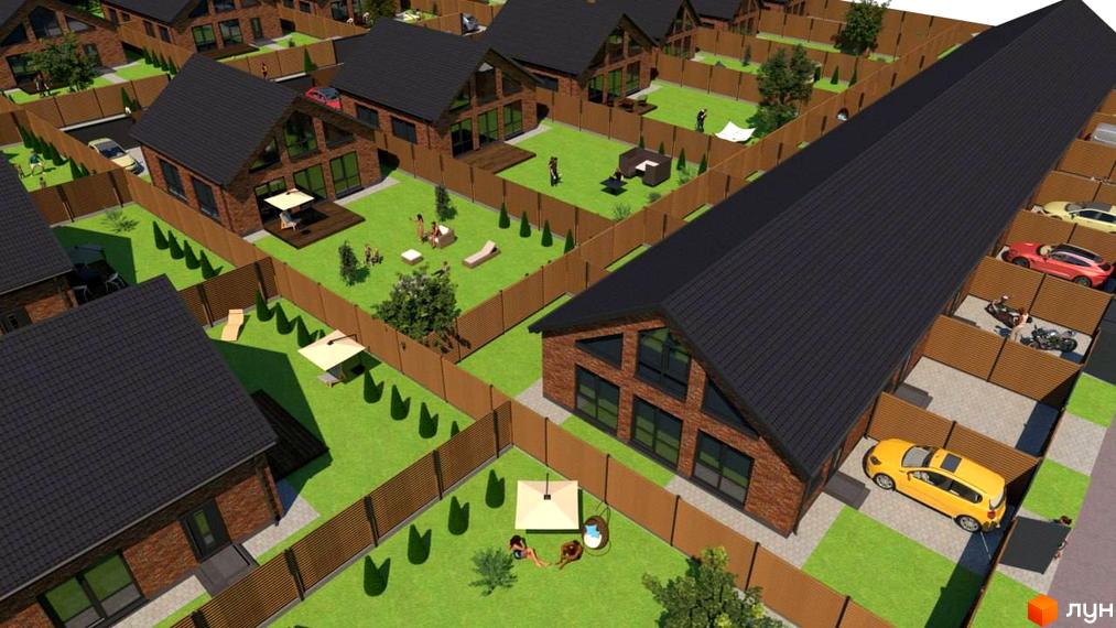 Котеджне містечко Нова Баварія: цегляні будинки з темним дахом та прибудинковою територією з зеленим газоном, парковкою та зонами відпочинку.