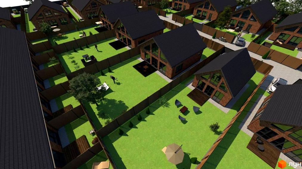 Котеджне містечко Нова Баварія: цегляні будинки з темними дахами та великими вікнами, оточені зеленими газонами, огорожами та доріжками.