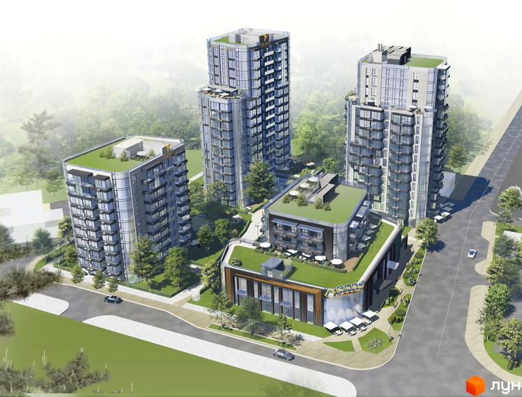 Житловий комплекс VILNYI включає три багатоповерхові будинки та комерційну будівлю з зеленими дахами. Навколо розташовані дороги та зелені насадження.